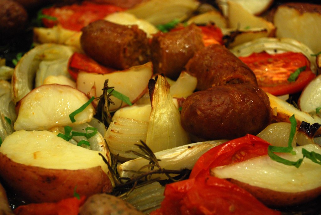 Baked Sausage, Fennel, Tomato and Potato closeup Flickr