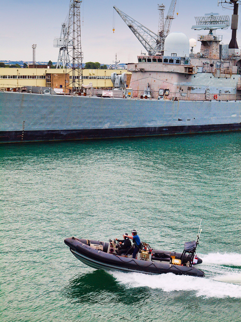 A Royal Navy Rigid Inflatable Boat in Portsmouth Harbour during Navy