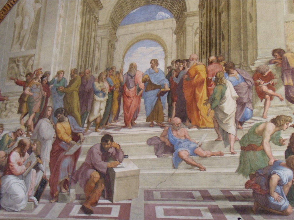 Plato debates Aristotle Plato (center pink robe) points … Flickr
