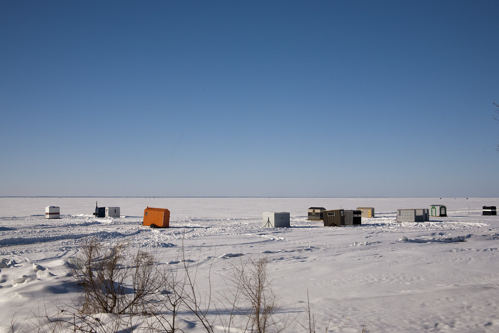 ice fishing shanties on Lake Winnebago Near Stockbridge, W… brian