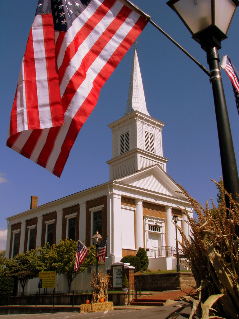 Jonesborough, TN First Baptist Church with Flag Brent Moore Flickr