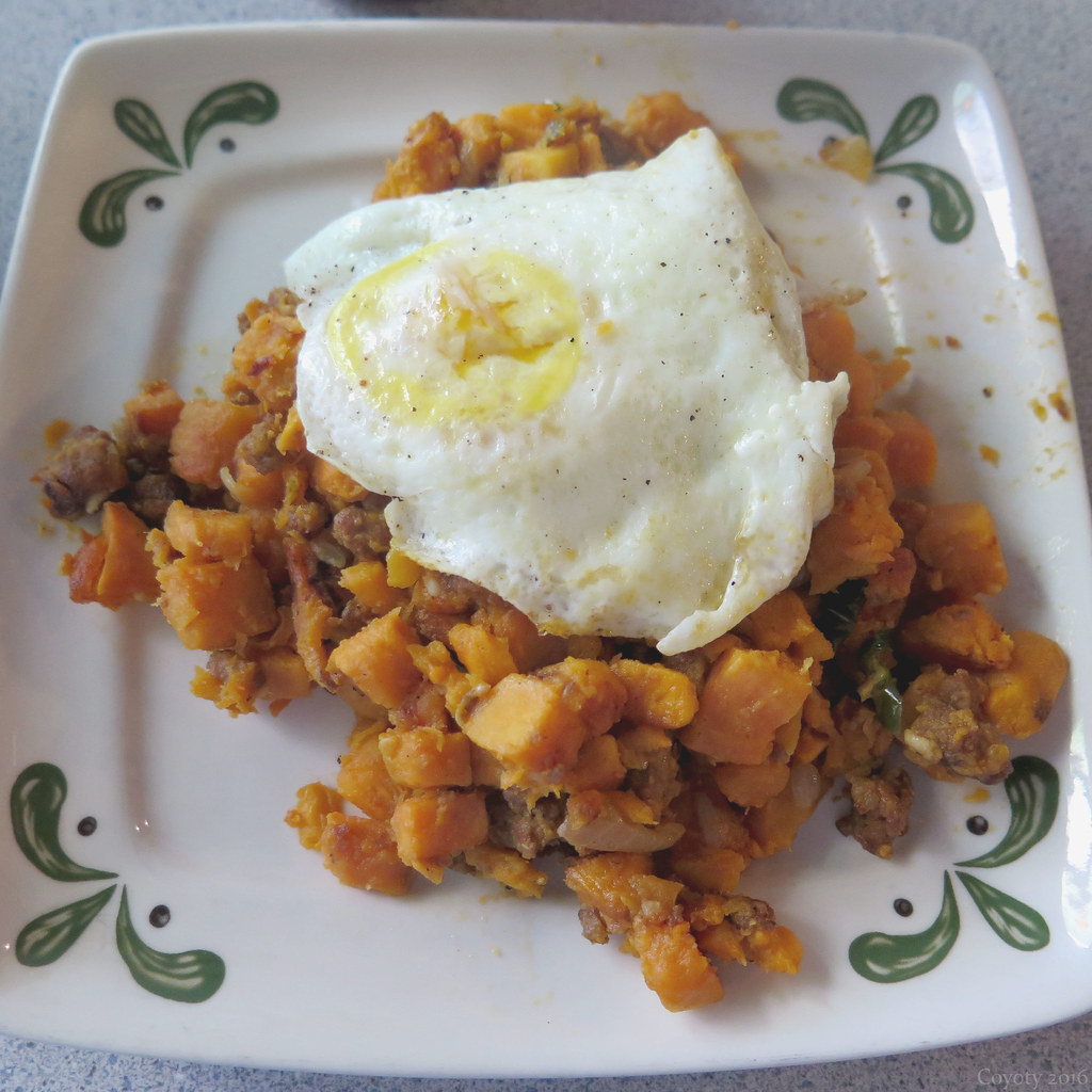 Sweet potato and chorizo hash with fried egg At the Umbrel… Flickr