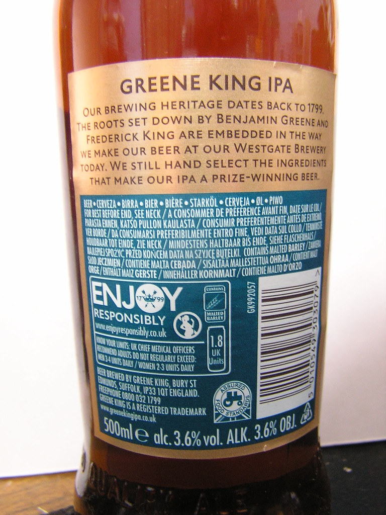 Greene King IPA Back Label 3.6 500ml Clear Glass €1.4… Flickr