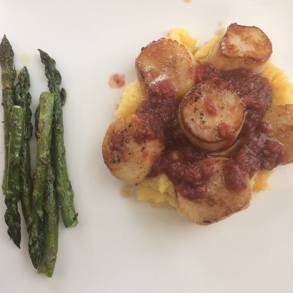 Scallops, polenta, fermented tomato sauce, asparagus Flickr