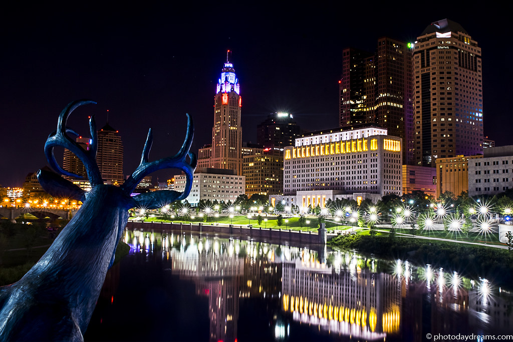 Deer statue with Columbus Skyline Peter Flickr