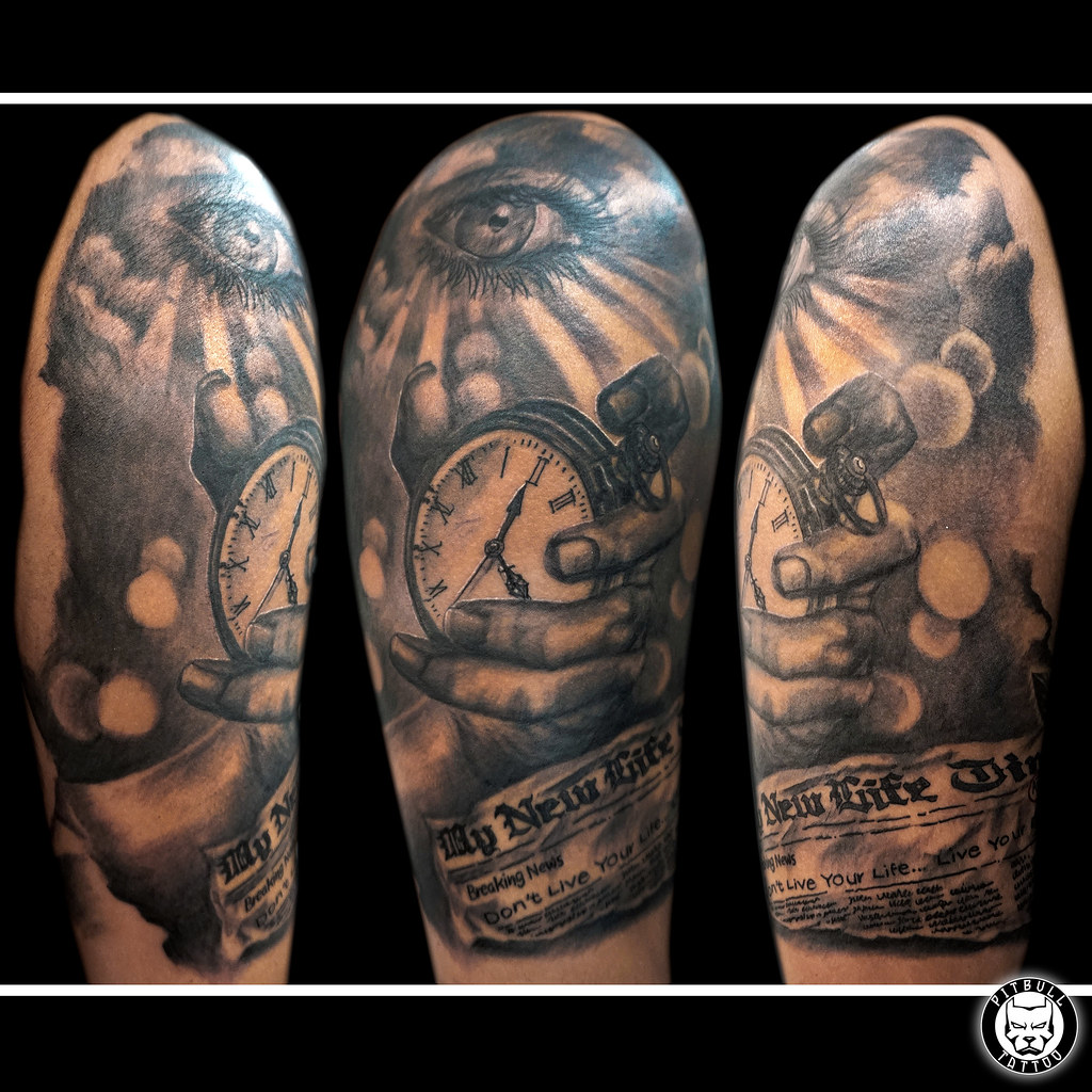 Clock Tattoo Shoulder Black & Grey www.pitbulltattooth… Flickr