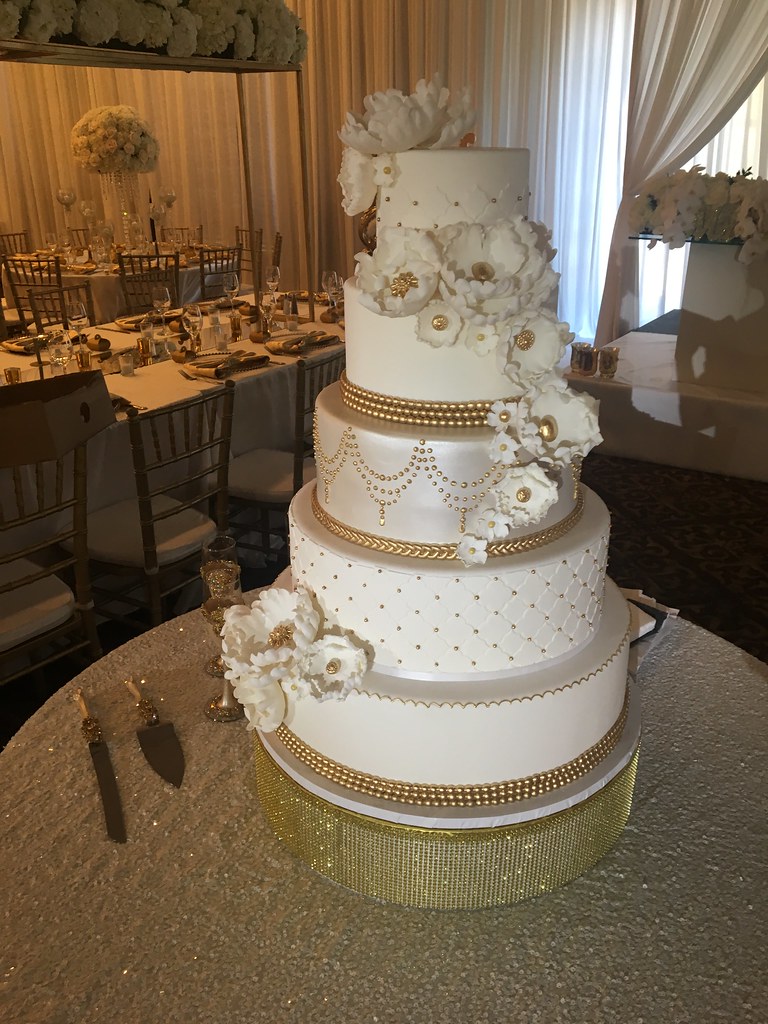 5 tiered white gold wedding cake with sugar flowers Flickr