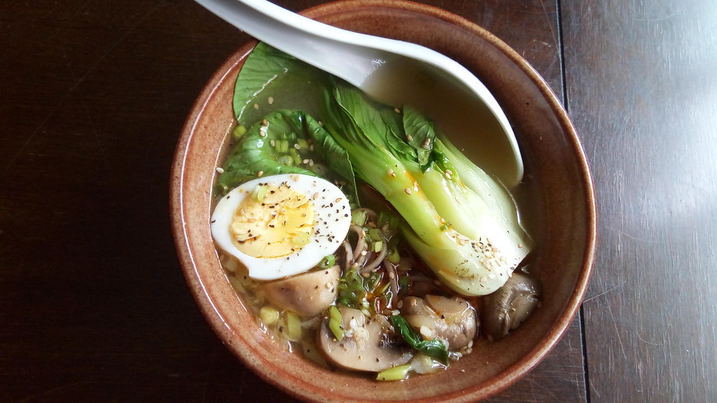 Soba soba noodles, baby bok choi, hard boiled egg, mush… Flickr