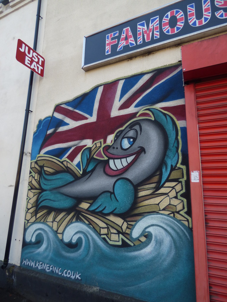 Famous British Fish & Chips Holyhead Road, Wednesbury graffiti street art The Queen a