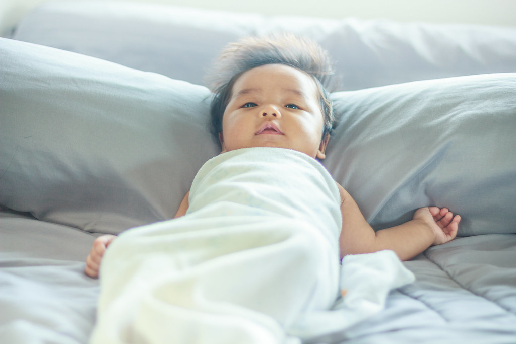 2 month old baby in white Baby blanket on gray blanket Flickr