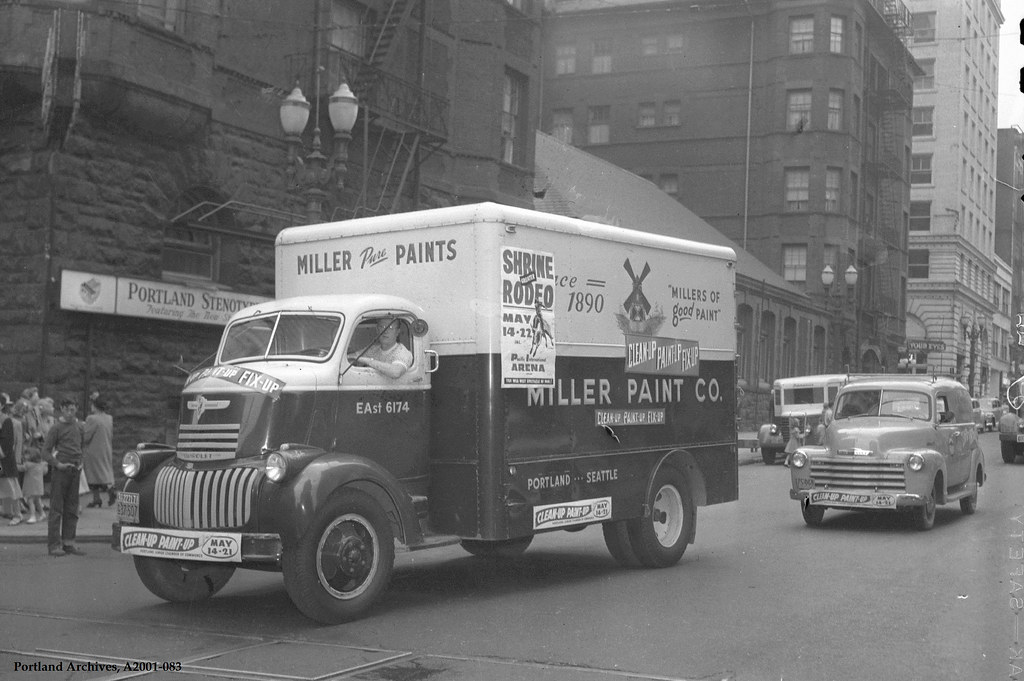 Northbound traffic on S.W. Broadway, 1950 “Miller Paint Co… Flickr