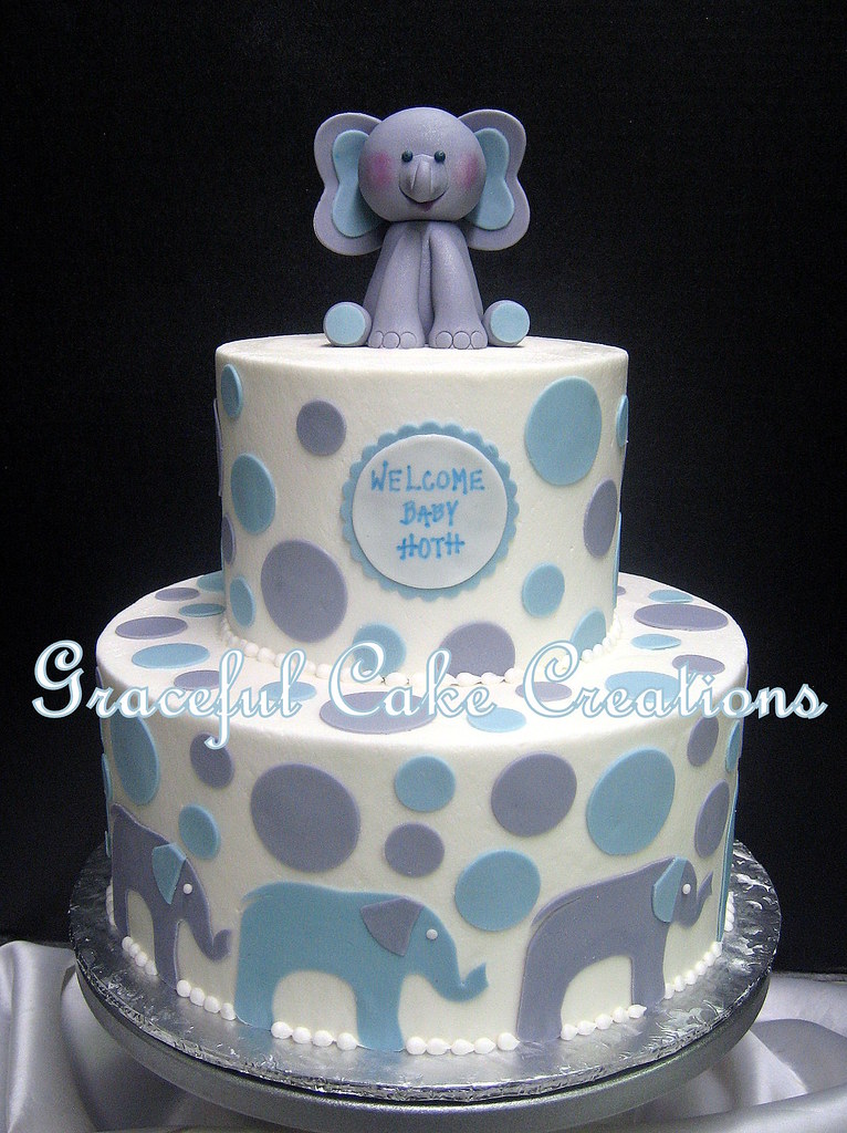 Elephant Themed Baby Shower Cake with a Fondant Elephant Topper and