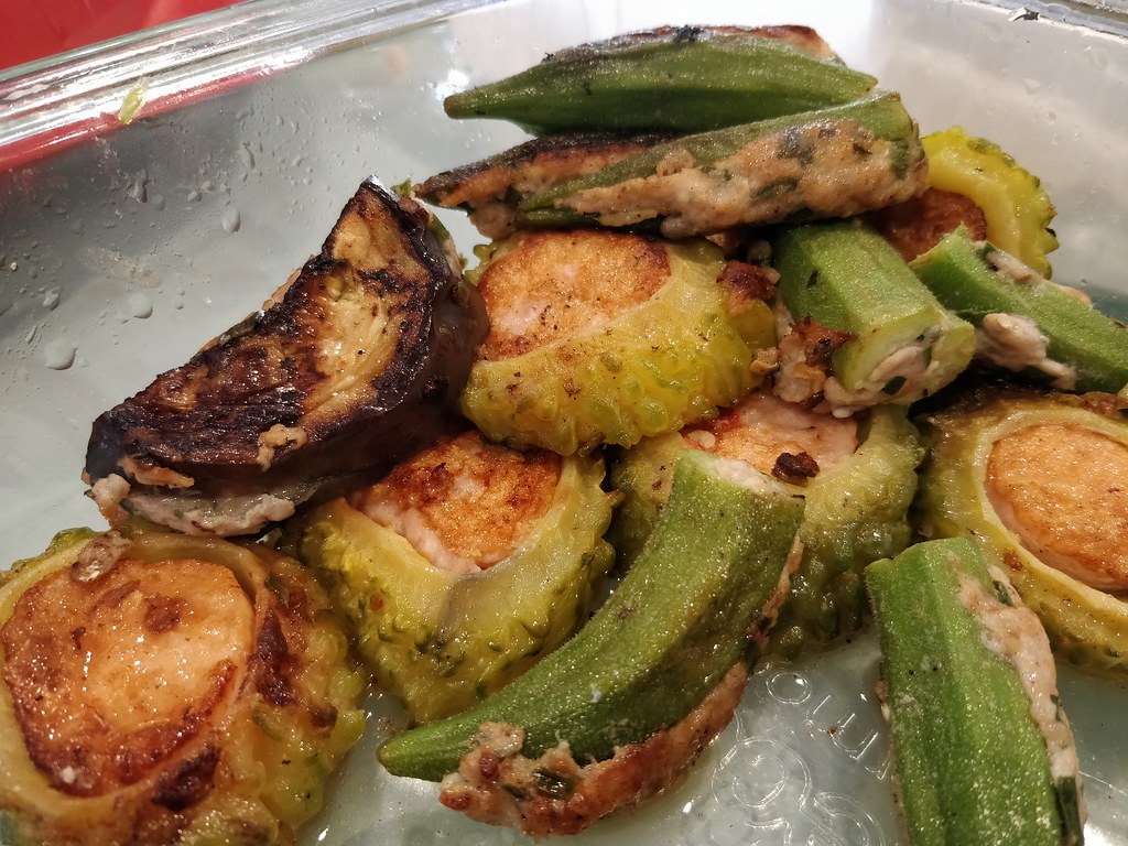 4yi's stuffed okra, eggplant, chilli, bitter melon Flickr