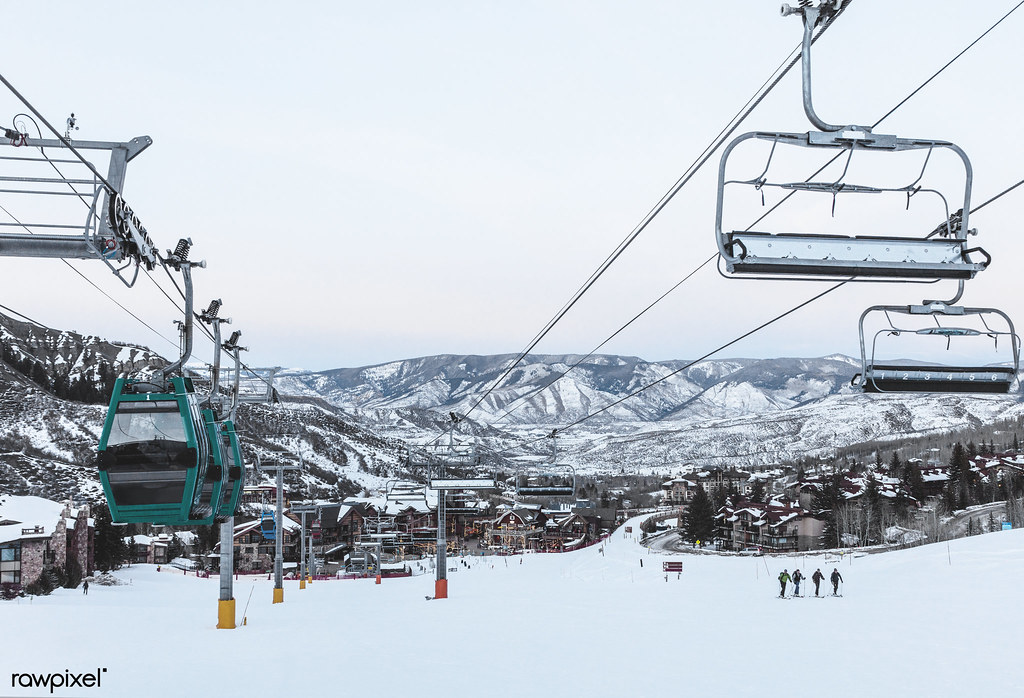 Chairlifts ascend the mountain at the Snowmass Village ski resort in