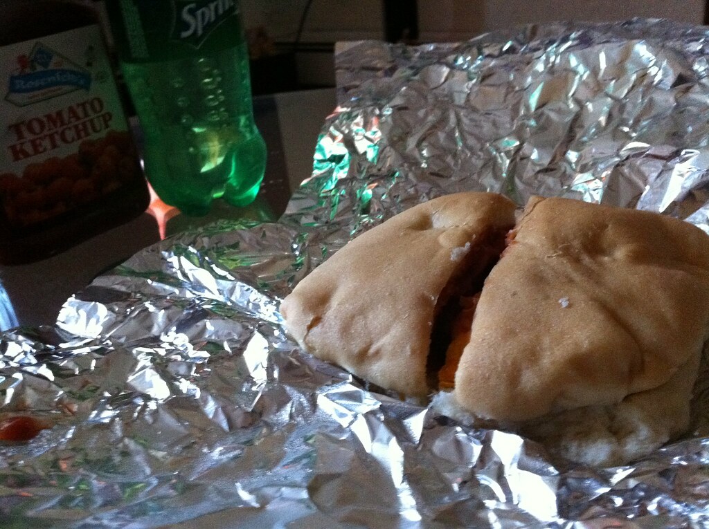 2/23/2011 beef patty, cheese, ketchup and coco bread. Flickr