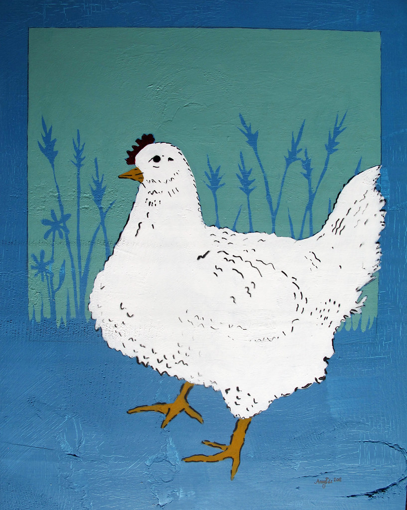chickens are nice Spray Paint and Acrylic 12" x 14" sold amy rice