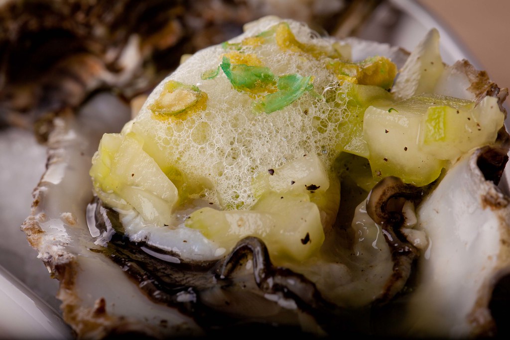 Oysters with a cucumber foam, vegetable brunoise & wasabi … Flickr