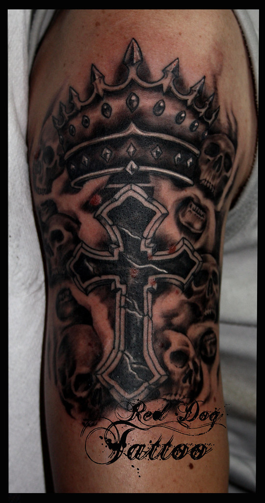 Cross & Crown with Skulls background Tattoo Around 4