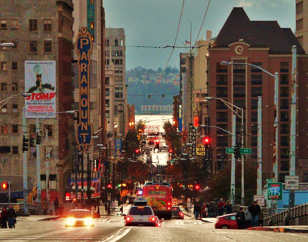 Pine Street Downtown Seattle, as viewed from Capitol Hill.… sea