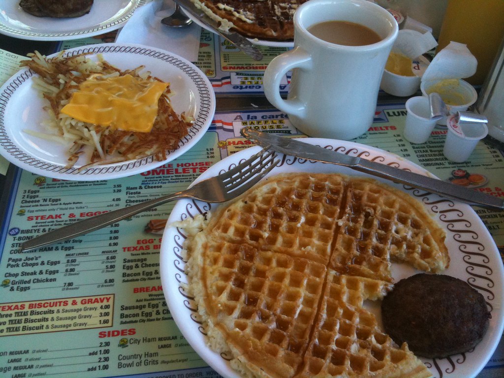 Waffle House Breakfast Waffle, sausage, and hash browns, c… Flickr