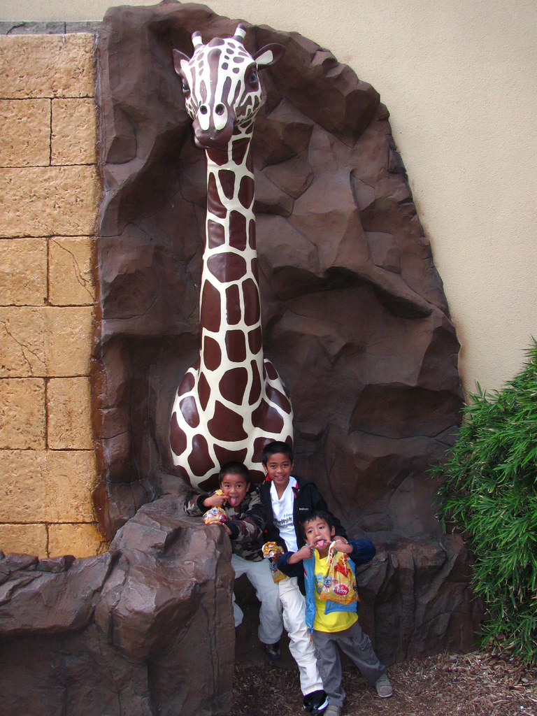 The Boys with the giraffe at the Rainforest Cafe at Ontario Mills a