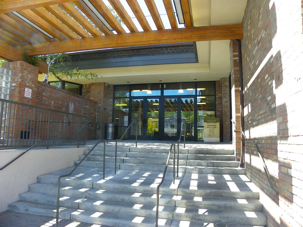 Shaded entrance to library Prescott Public Library, Flickr