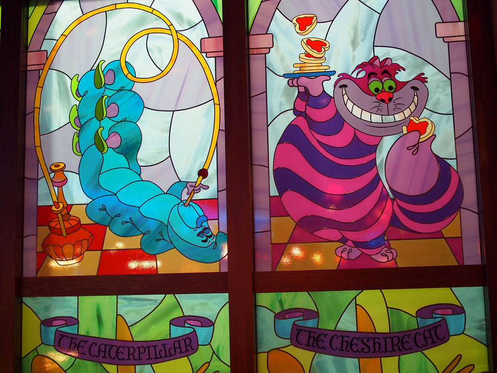 Caterpillar & Cheshire Cat Stained Glass Windows at the Queen of Hearts