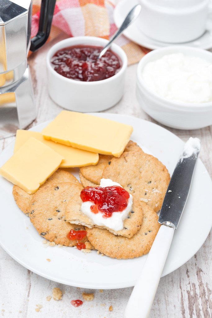 crackers with cream cheese, jam and cheese for breakfast Flickr