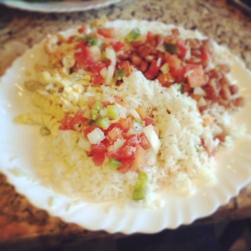 Having a great a meal! White rice, pasta, and salsa. Thank… Flickr