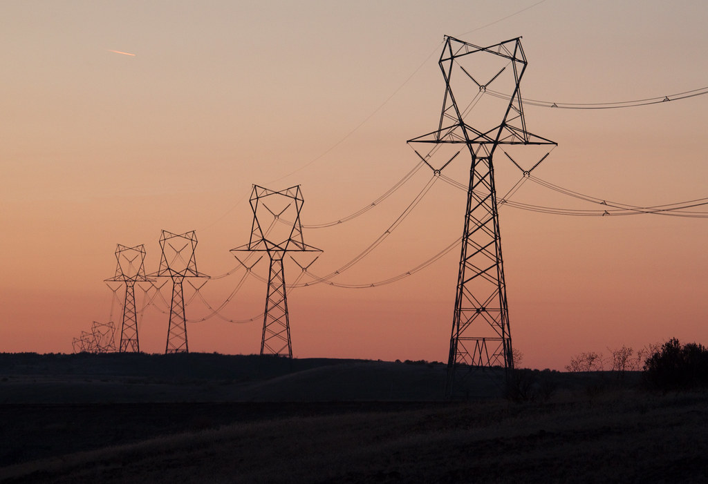Power High voltage power lines at sunset. I thought