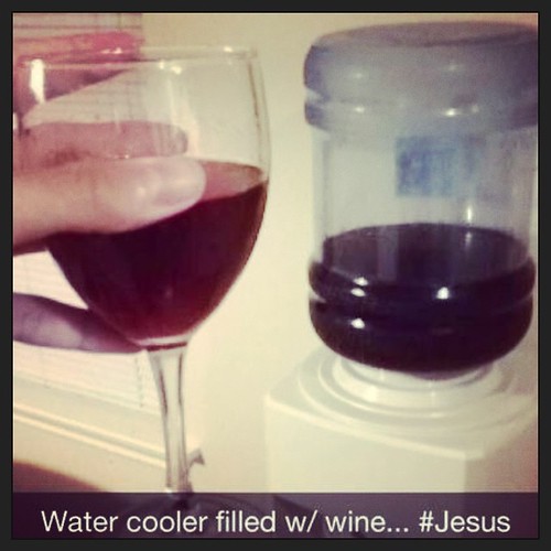 Water cooler filled with wine. Jesus Genevieve West Flickr