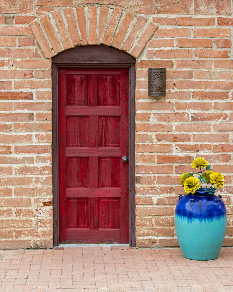 Red Door, Blue Pot, Yellow Flowers Tubac, Arizona In Memoriam Laveen Photography (aka