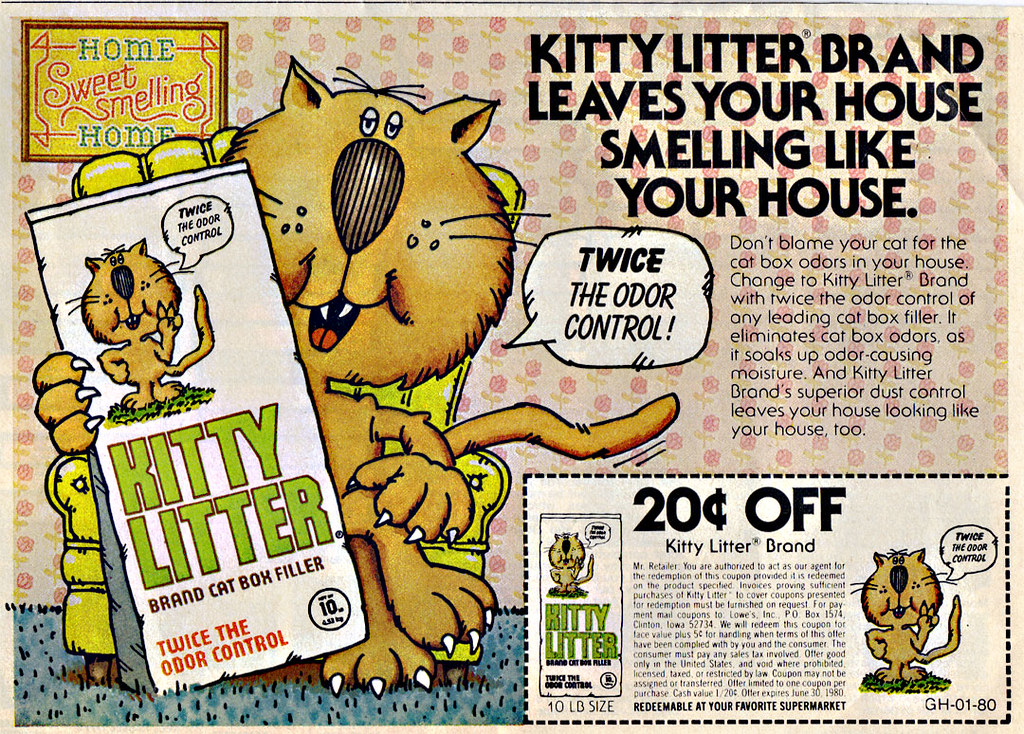 On Black KITTY LITTER BRAND " ..LEAVES YOUR HOUE SMELLING LIKE
