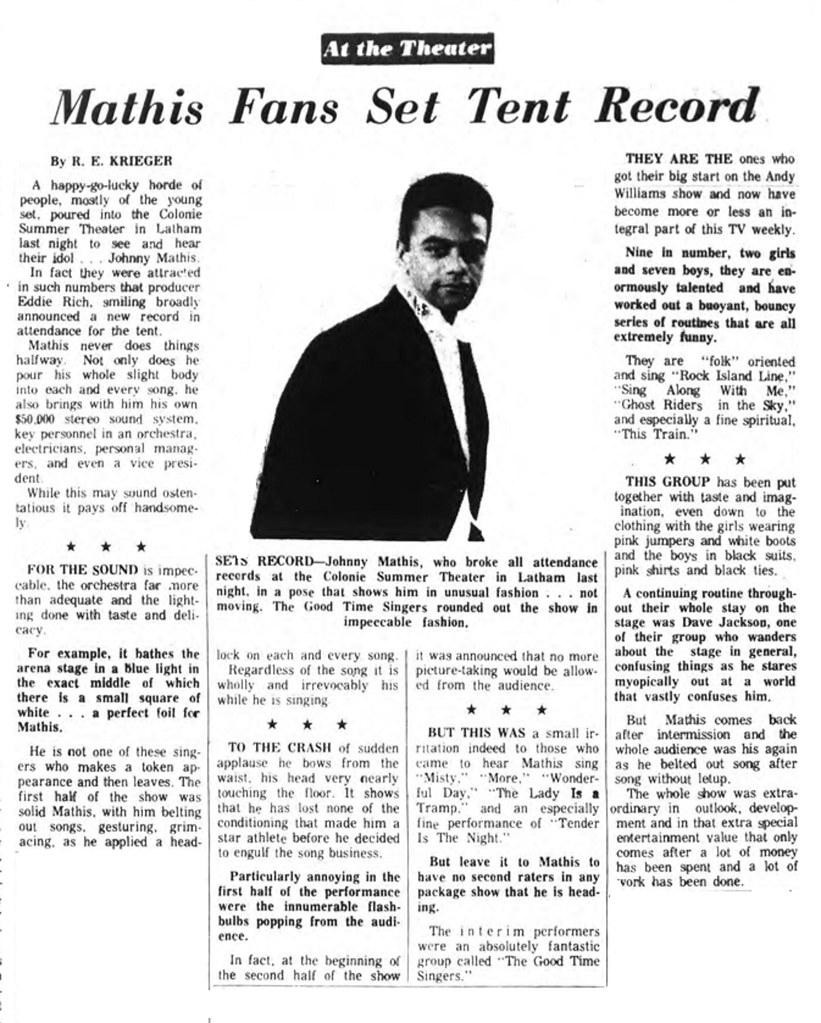 Johnny Mathis Colonie Summer Theater Tent 1966 albany ny 1… Flickr