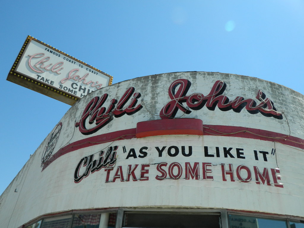 Closeup of Chili John's signage in Burbank, California. Flickr