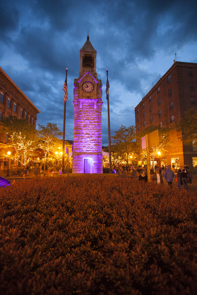 Centerway Square at night during GlassFest5 Corning's Gaffer District