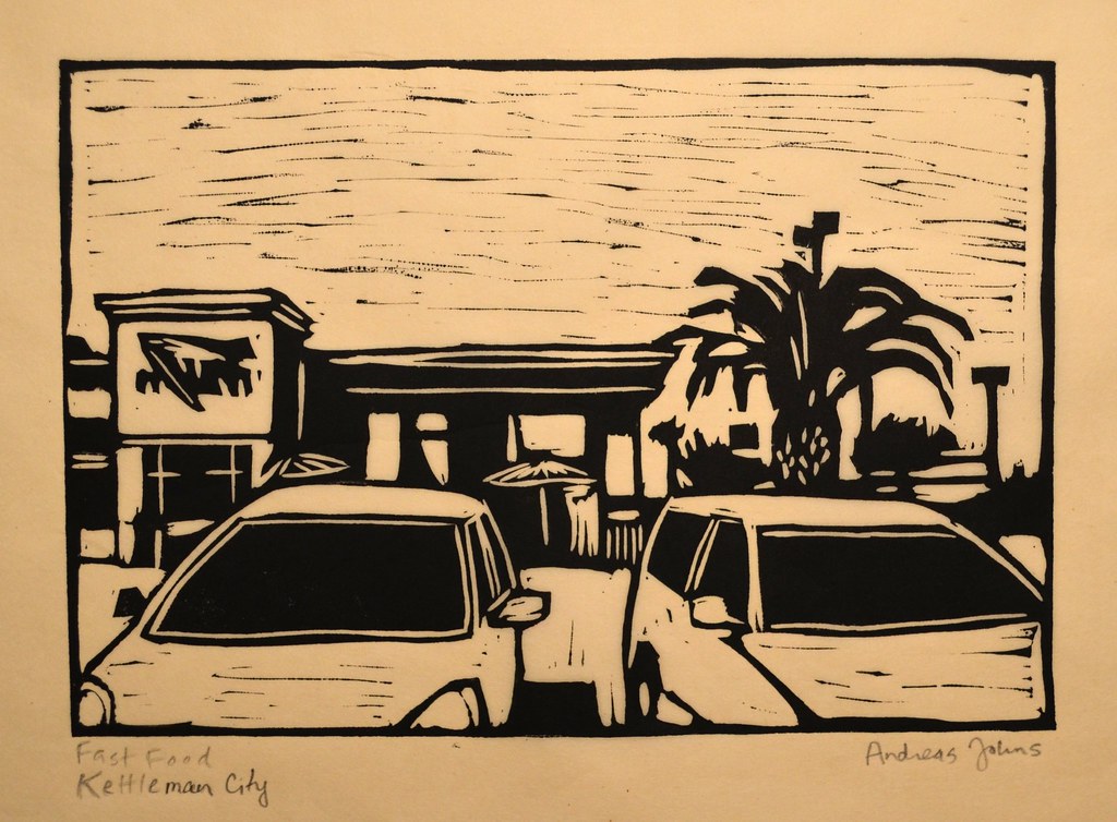 Fast Food, Kettleman City linocut Andreas Flickr