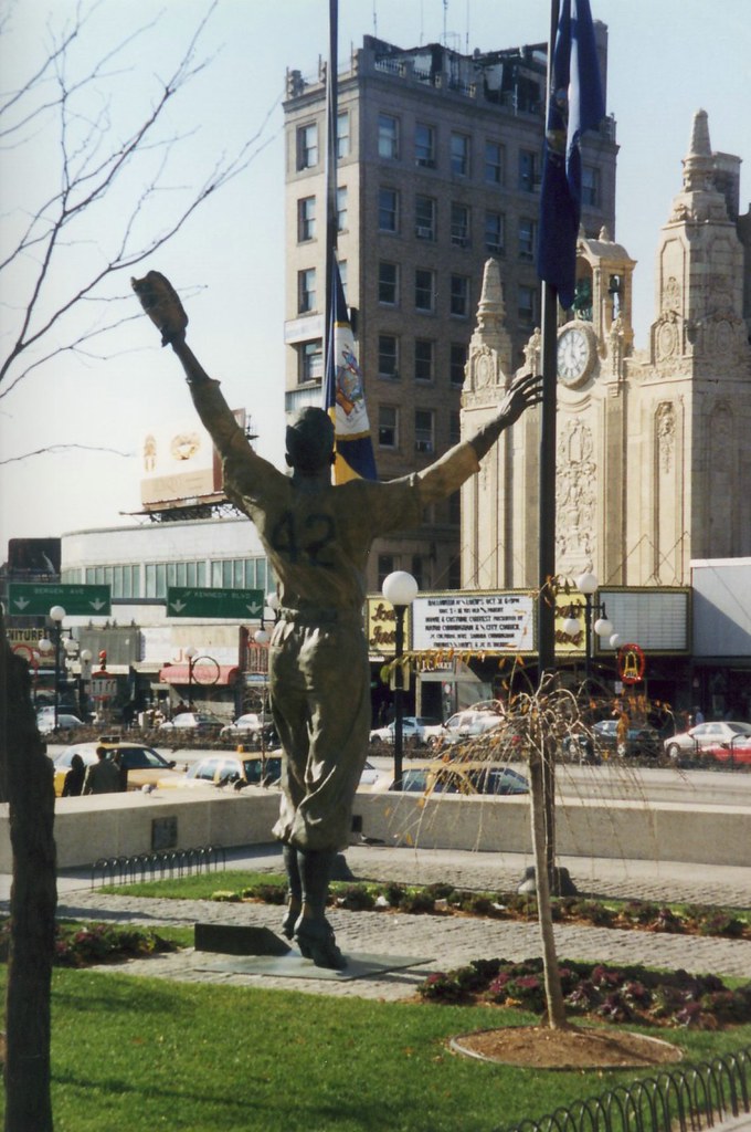 NJ Jersey City Journal Square Jackie Robinson statue and Loew's