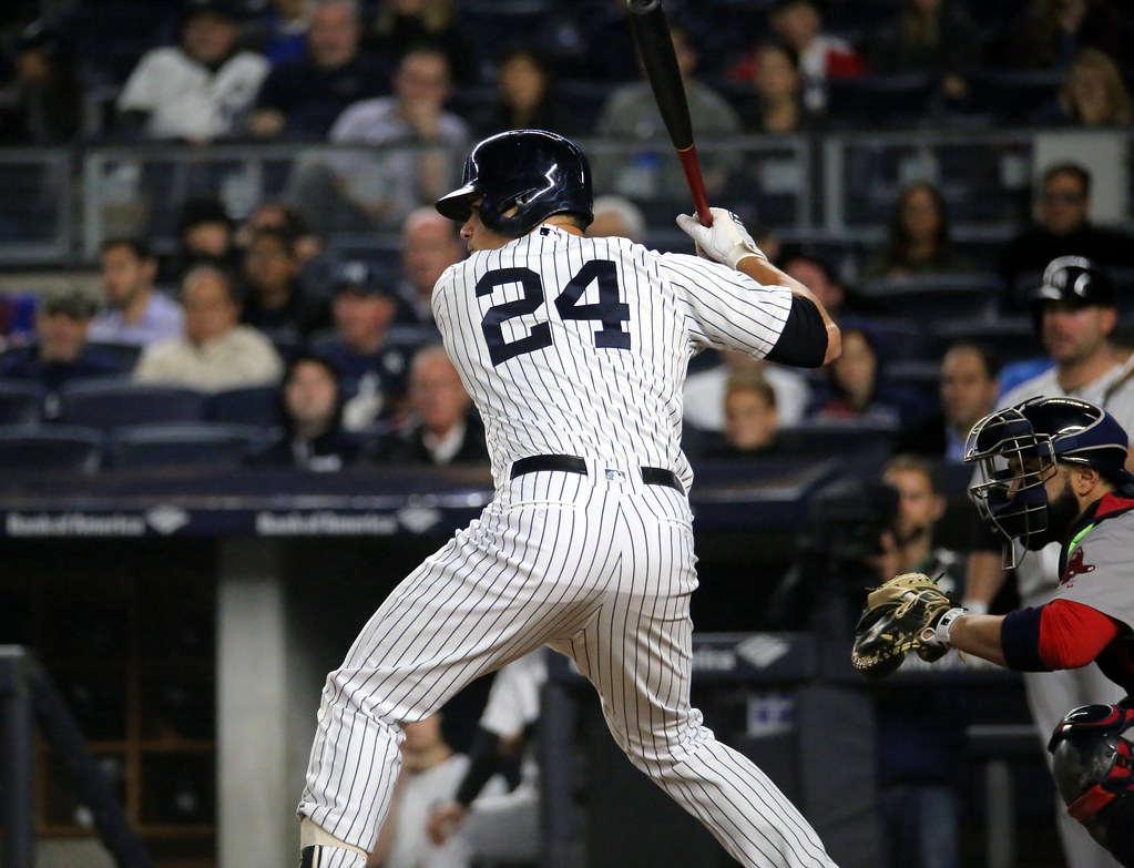 Yankees catcher Gary Sanchez awaits a pitch in the fourth … Flickr