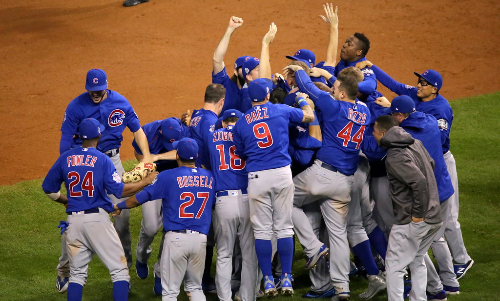 The Cubs celebrate after winning the 2016 World Series. Flickr