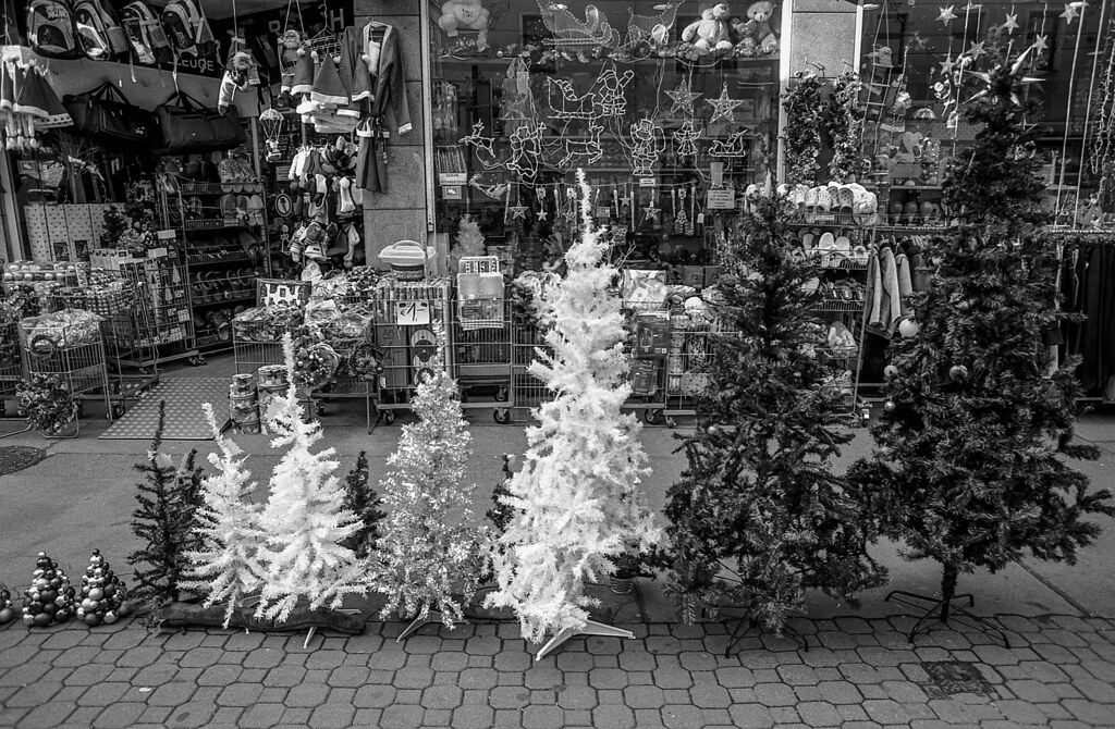 lineup of (plastic) christmas trees, vienna, austria Flickr