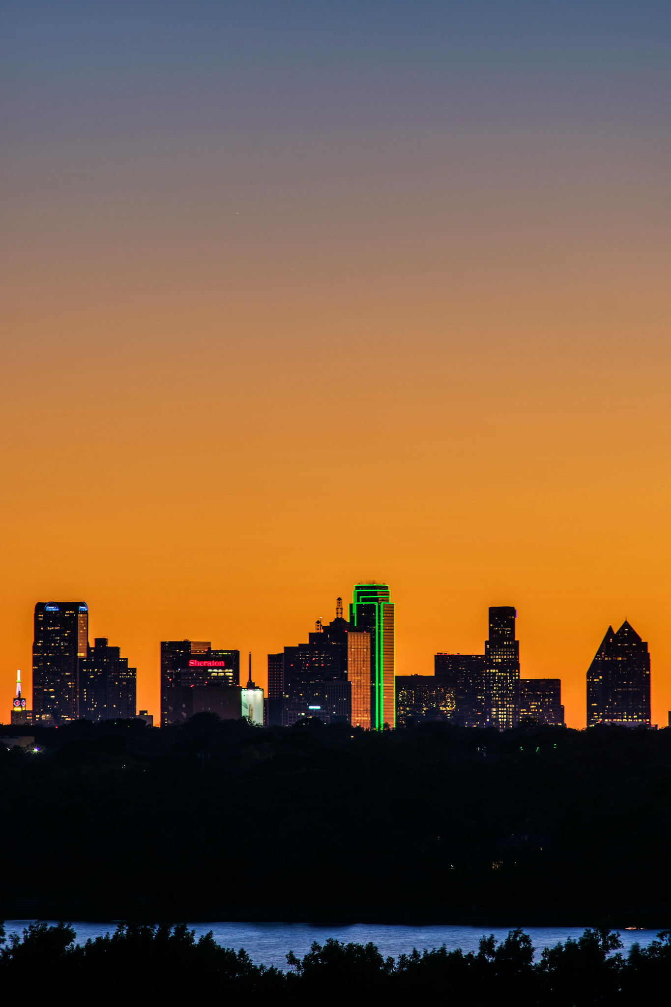Dallas at dusk, seen from White Rock Lake. texas