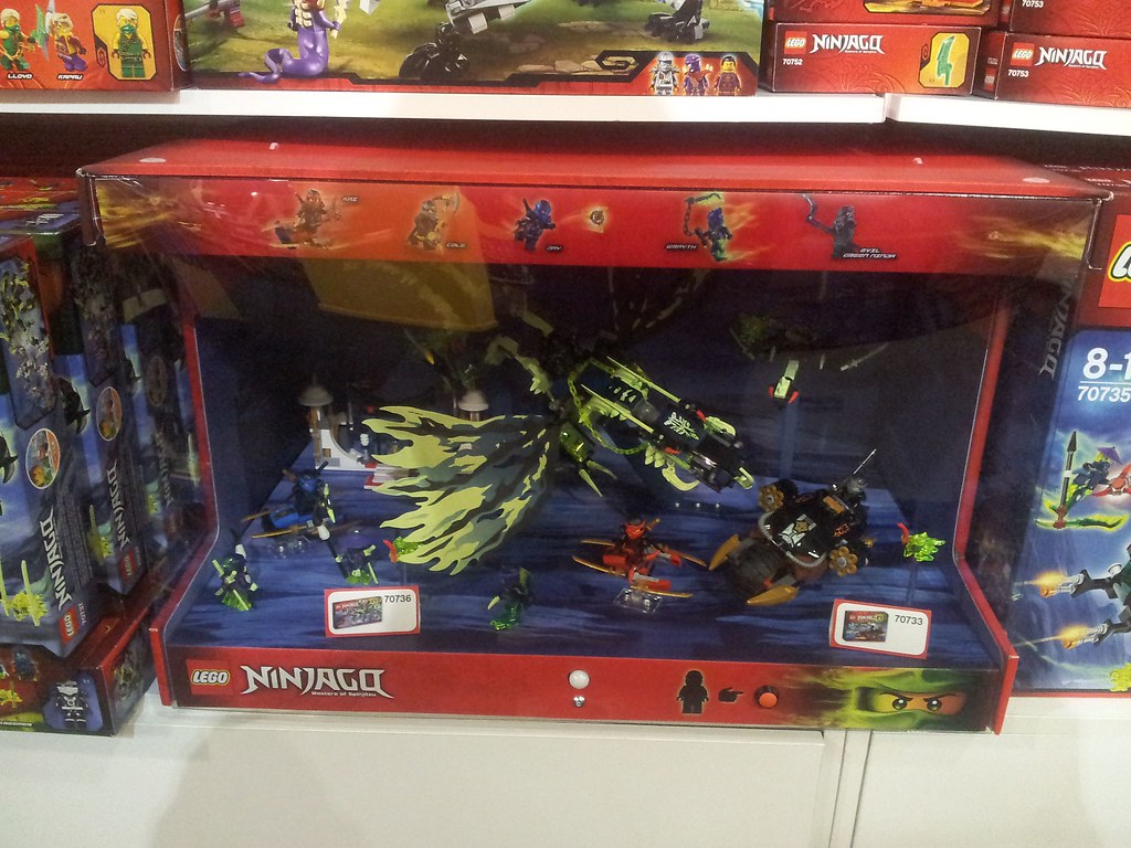 lego ninjago light up store display featuring sets 70733 and 70736 myer