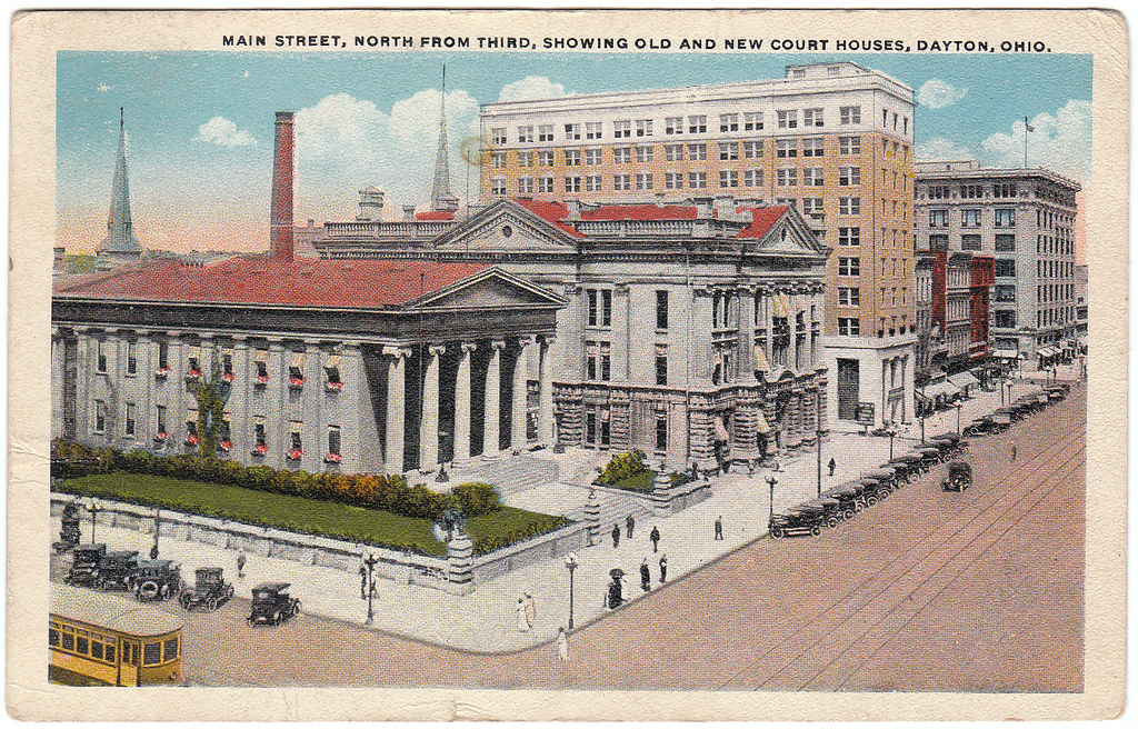 Main Street, North from Third, Showing Old and New Court Houses, Dayton