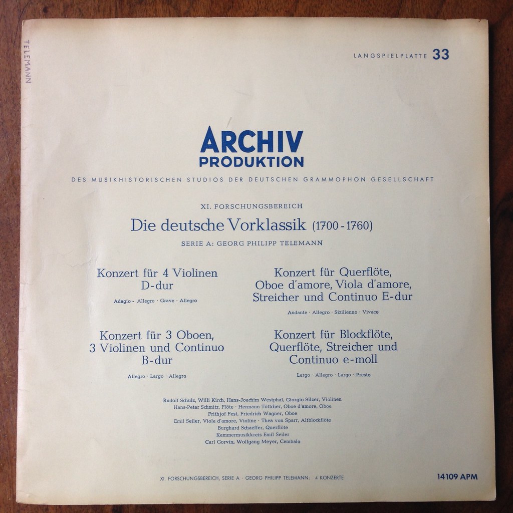 Telemann Concerto 4 Violins, Concerto Flute, Oboe, Viola d'Amore, Strings & Continuo, Concerto