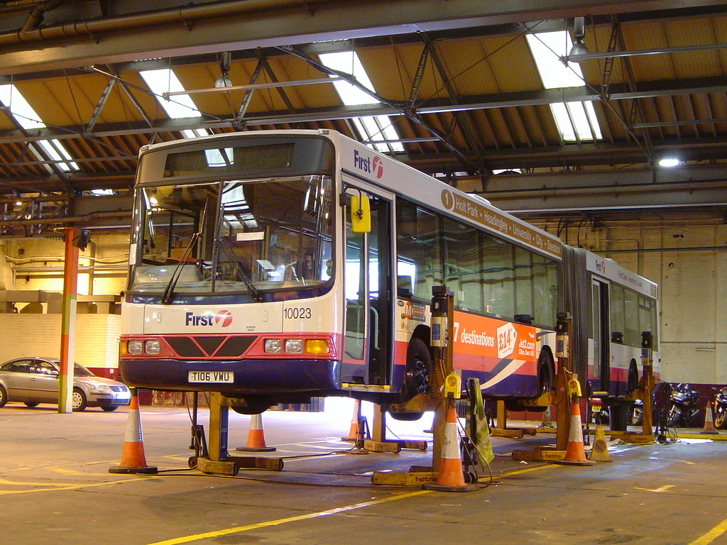 First Leeds T106 VWU ( 10023 ) inside Kirkstall Garage Flickr