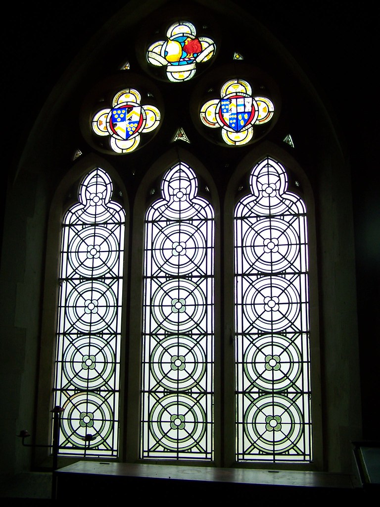 Suffolk, Ousden 19c stained glass with crrest and heraldry… Flickr