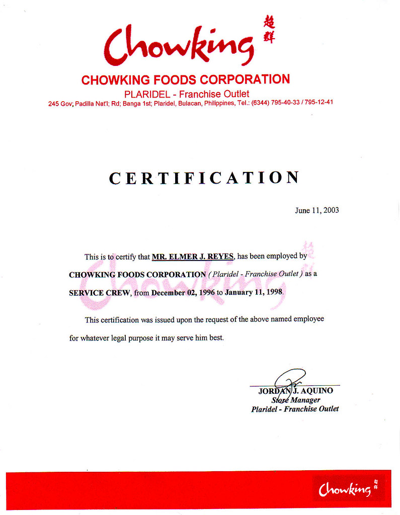 FAST FOOD Chowking pla. cert reyeselmerjoson Flickr