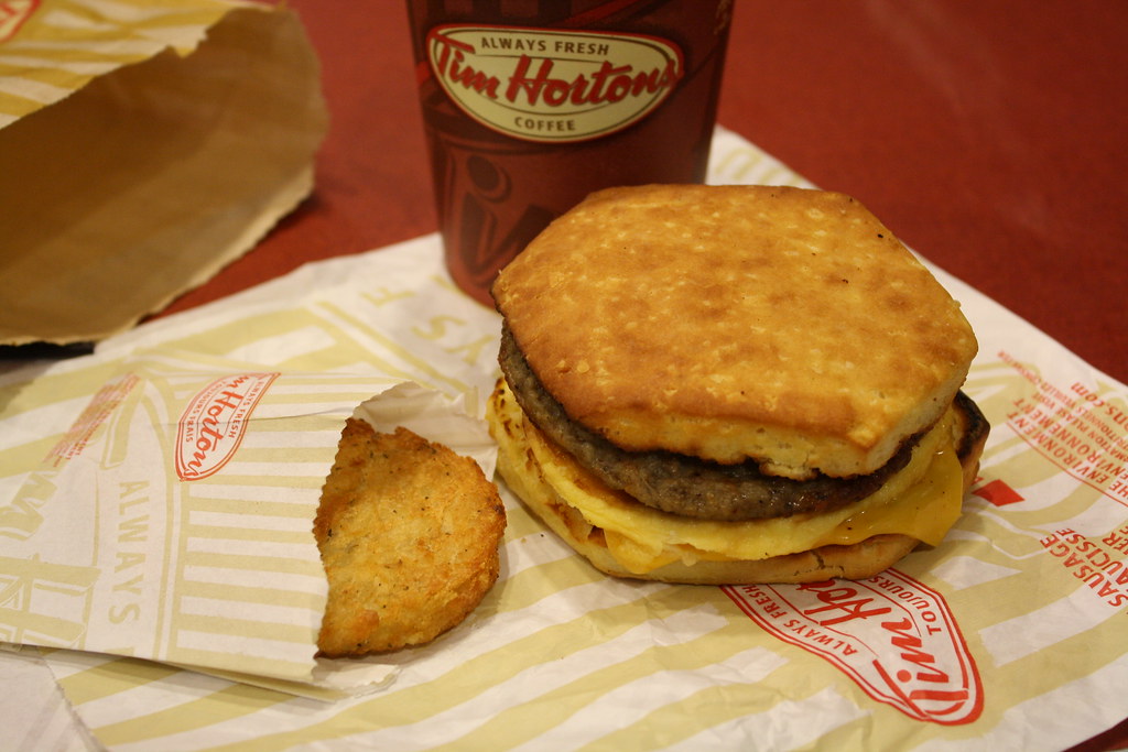 Tim Hortons Sausage, egg and cheese biscuit Hash brown Hot… Flickr