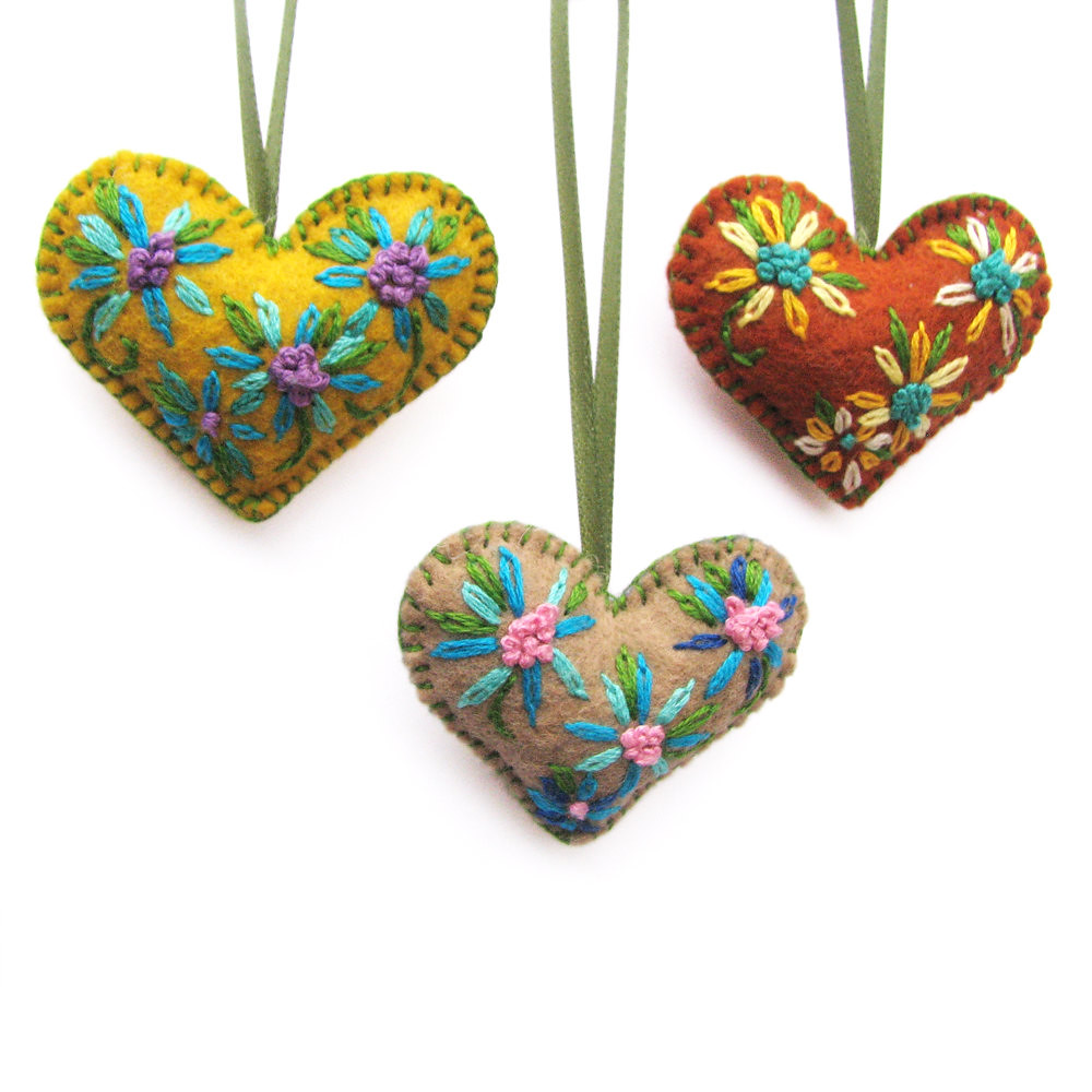 Embroidered Heart Ornaments Trio, Fall Colors A trio of em… Flickr